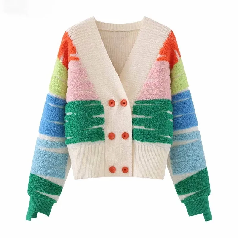 Rainbow Striped Knit Sweater Cardigan Women Double-breasted V-neck Jacket Coat Autumn Winter Loose Stylish Top DF4946