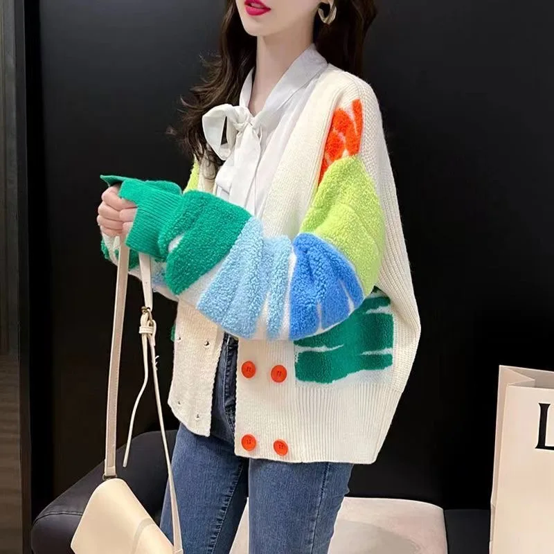 Rainbow Striped Knit Sweater Cardigan Women Double-breasted V-neck Jacket Coat Autumn Winter Loose Stylish Top DF4946