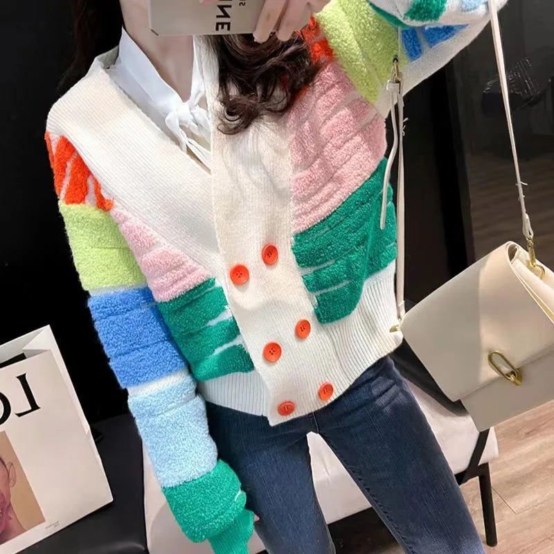 Rainbow Striped Knit Sweater Cardigan Women Double-breasted V-neck Jacket Coat Autumn Winter Loose Stylish Top DF4946