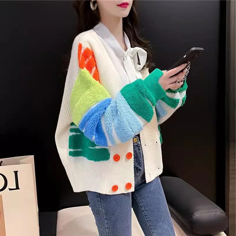 Rainbow Striped Knit Sweater Cardigan Women Double-breasted V-neck Jacket Coat Autumn Winter Loose Stylish Top DF4946