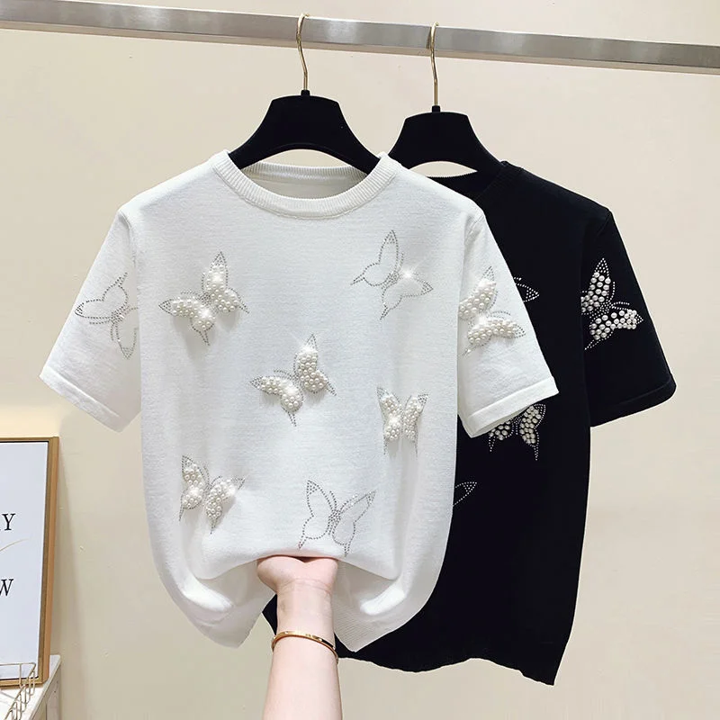 Summer Luxury Design Butterfly Nail Bead Short Sleeve Knit Sweater Korean Fashion Thin Casual Jumper Women Knitwear