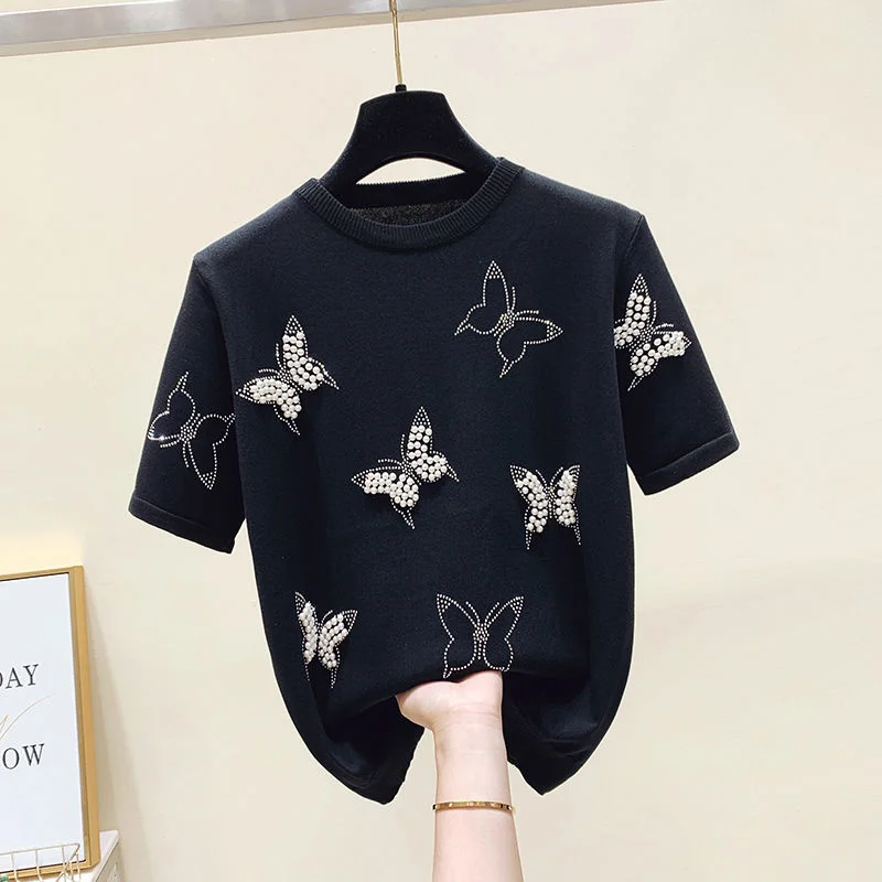 Summer Luxury Design Butterfly Nail Bead Short Sleeve Knit Sweater Korean Fashion Thin Casual Jumper Women Knitwear