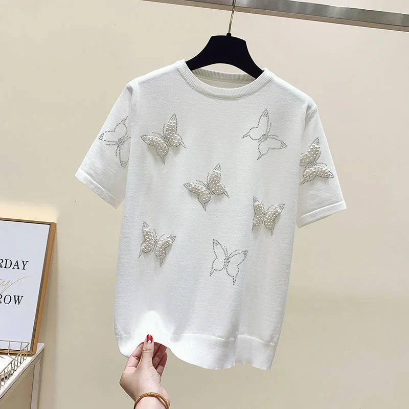 Summer Luxury Design Butterfly Nail Bead Short Sleeve Knit Sweater Korean Fashion Thin Casual Jumper Women Knitwear