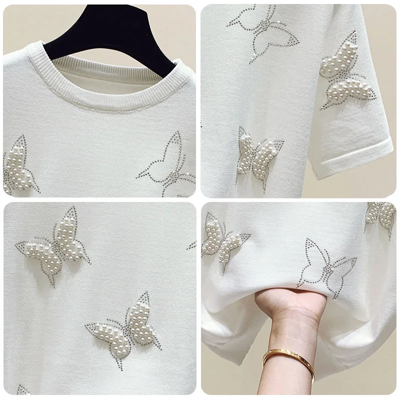 Summer Luxury Design Butterfly Nail Bead Short Sleeve Knit Sweater Korean Fashion Thin Casual Jumper Women Knitwear