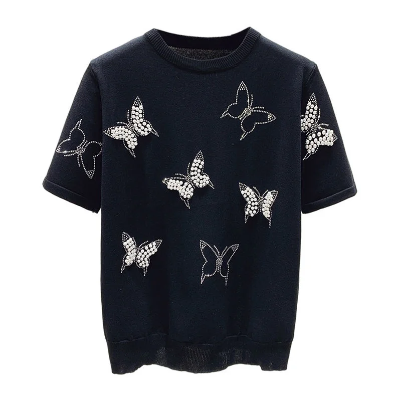 Summer Luxury Design Butterfly Nail Bead Short Sleeve Knit Sweater Korean Fashion Thin Casual Jumper Women Knitwear