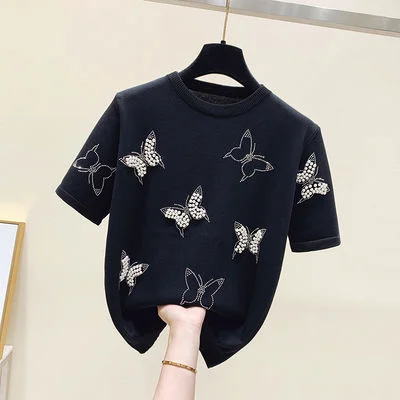 Summer Luxury Design Butterfly Nail Bead Short Sleeve Knit Sweater Korean Fashion Thin Casual Jumper Women Knitwear