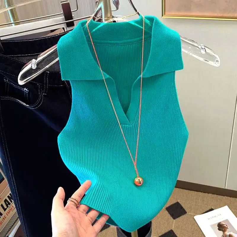 Ice Silk Shirt Women's Summer Wear Knitted Vest New Style Fashion Slim Lapels Sleeveless Knitwear Women's Tank Top