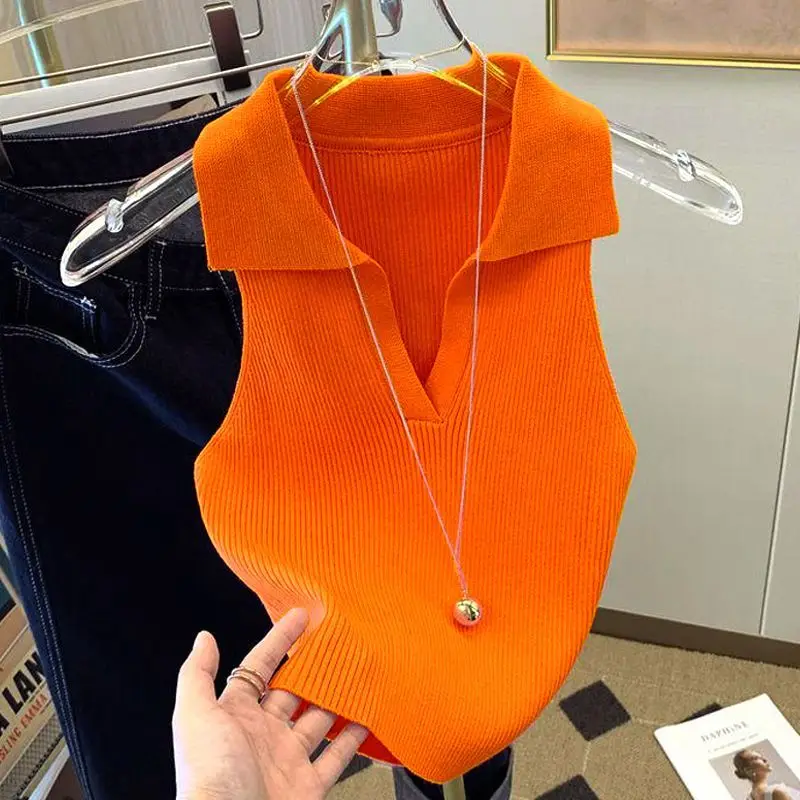 Ice Silk Shirt Women's Summer Wear Knitted Vest New Style Fashion Slim Lapels Sleeveless Knitwear Women's Tank Top