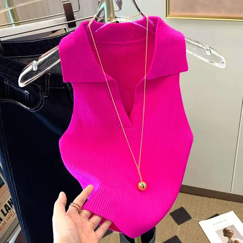 Ice Silk Shirt Women's Summer Wear Knitted Vest New Style Fashion Slim Lapels Sleeveless Knitwear Women's Tank Top