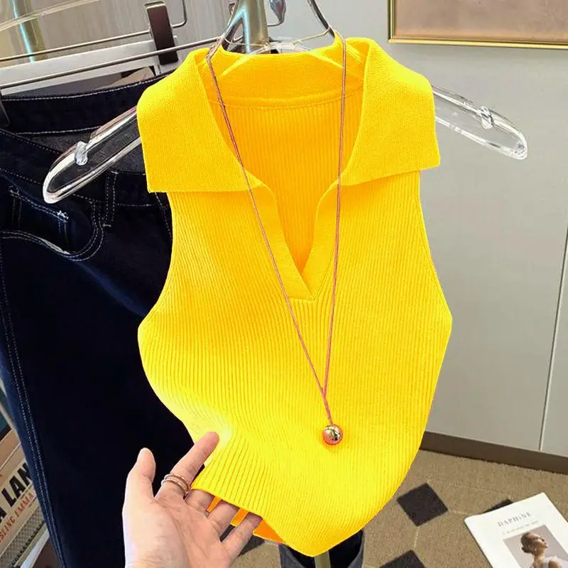 Ice Silk Shirt Women's Summer Wear Knitted Vest New Style Fashion Slim Lapels Sleeveless Knitwear Women's Tank Top