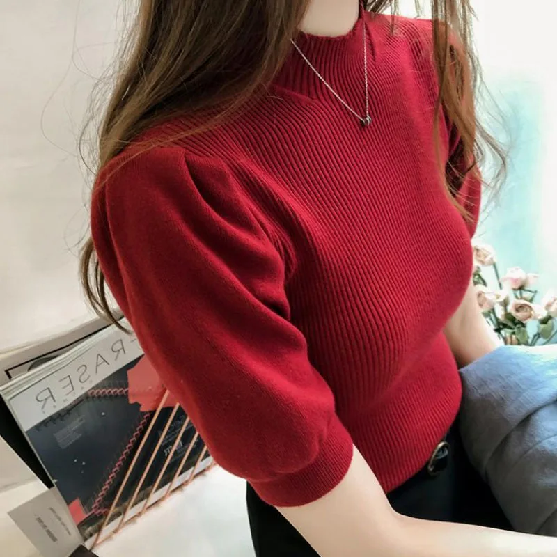 Summer Half Turtleneck Knitted Sweater Tops Woman Simple Slim Short Puff Sleeve Shirts Soft Solid Spring Tees Female Chic 18844