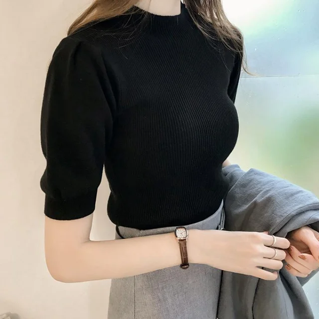 Summer Half Turtleneck Knitted Sweater Tops Woman Simple Slim Short Puff Sleeve Shirts Soft Solid Spring Tees Female Chic 18844