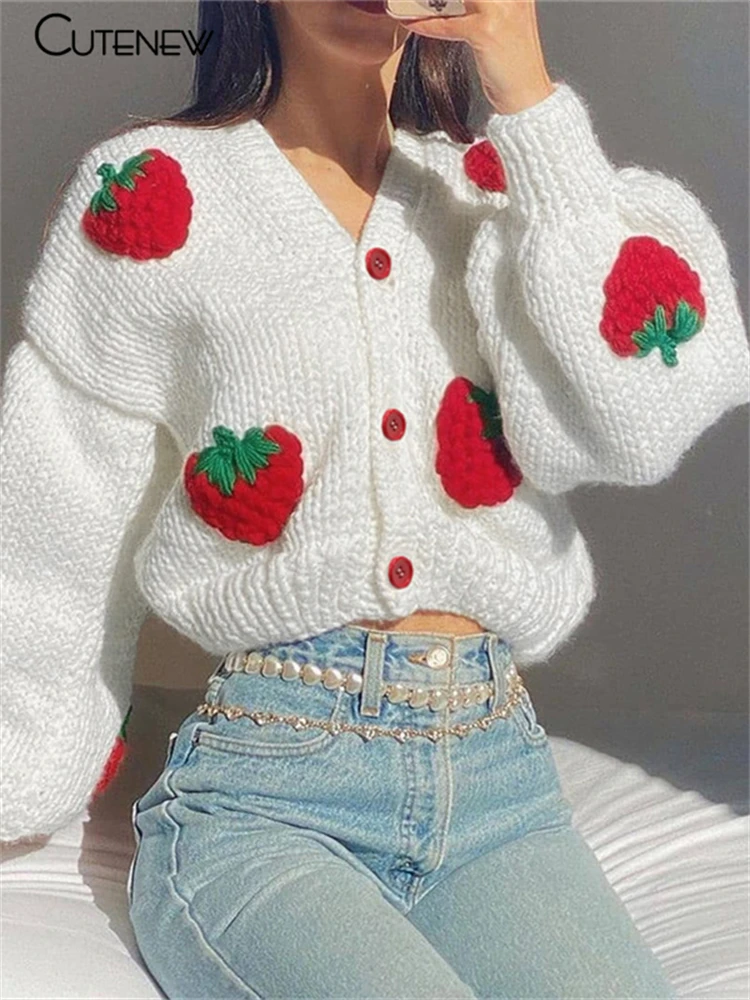 Cutenew Strawberry Kintted Long Sleeve Loose Single Breasted Coat Women Autumn Fashion Thicken Warm Cardigan Sweater Streetwear