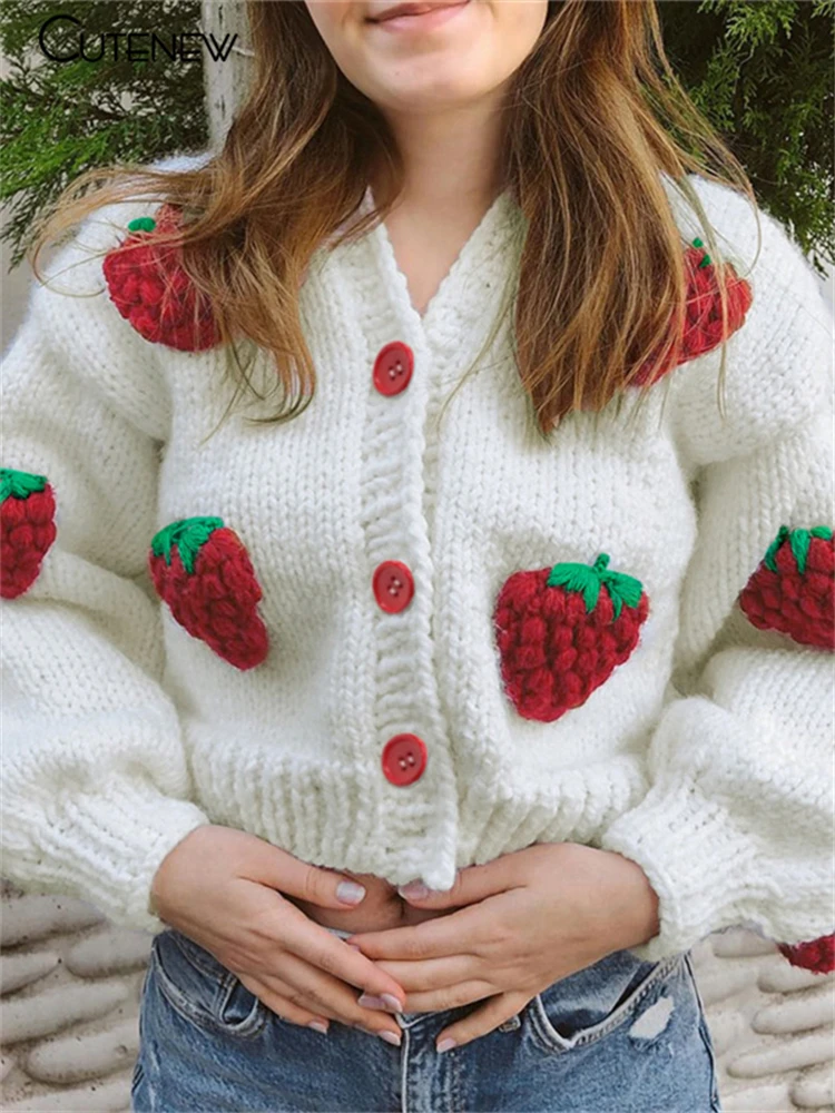 Cutenew Strawberry Kintted Long Sleeve Loose Single Breasted Coat Women Autumn Fashion Thicken Warm Cardigan Sweater Streetwear