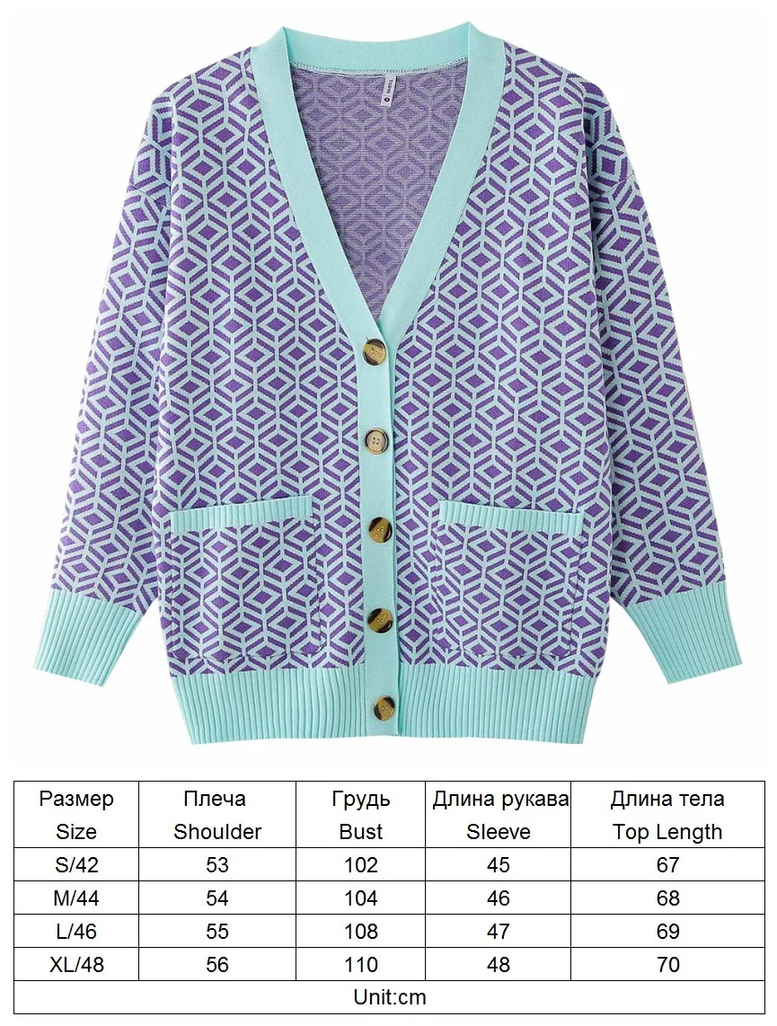 TYHRU Women Knitted Houndstooth Cardigan V-neck Lattice Sweater Female Loose Jumper Single Breasted Buttons
