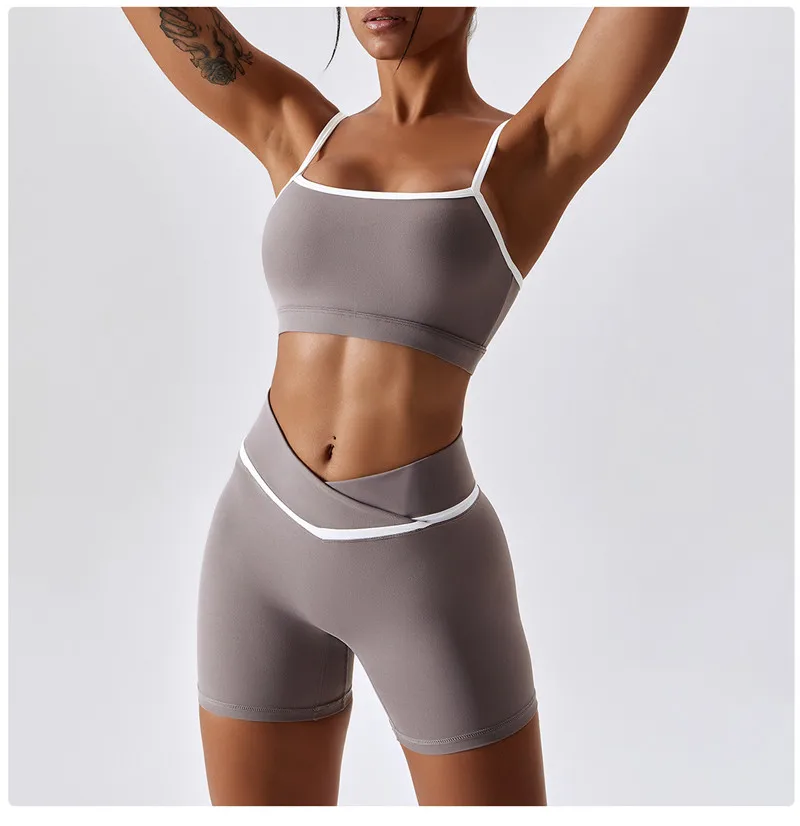 Solid Color Stitching Seamless Women Gym Fitness Set Bra Top Tight Sports Bra +high Waist Leggings +yoga Short Can Matched Suit