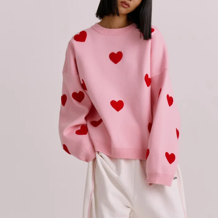 Love Heart Embroidery Women's Knitting Sweaters Sweet Chic Long Sleeved O-neck Pullovers 2023 New Female Casual Fashion Sweater