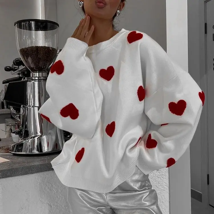 Love Heart Embroidery Women's Knitting Sweaters Sweet Chic Long Sleeved O-neck Pullovers 2023 New Female Casual Fashion Sweater