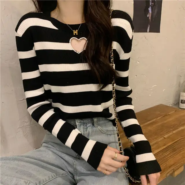 Autumn New Love Hollow Out Striped Sweaters Long Sleeve O-Neck Slim Knitting Pullovers Tops Sweet Korean Fashion Women Clothing