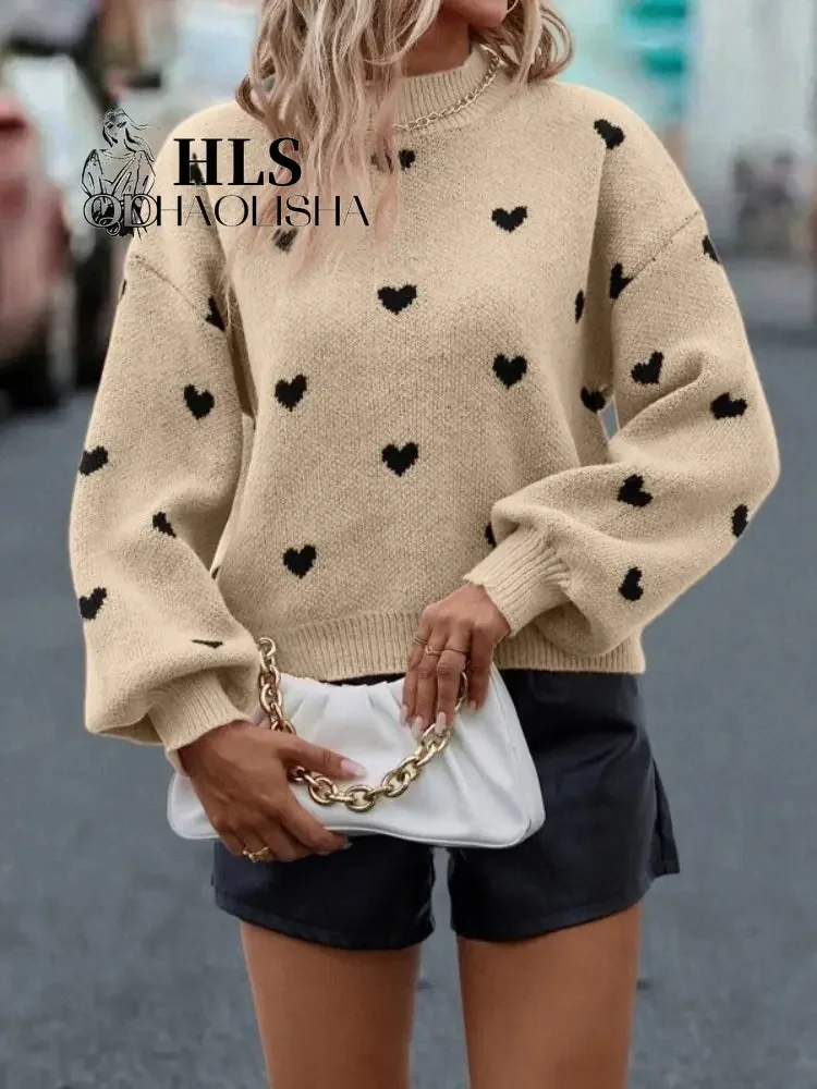 Women's Sweater Trend Fashion Casual Versatile Top Women Clothes Love Pattern Loose Fit New in Knitwear Pullover Streetwear