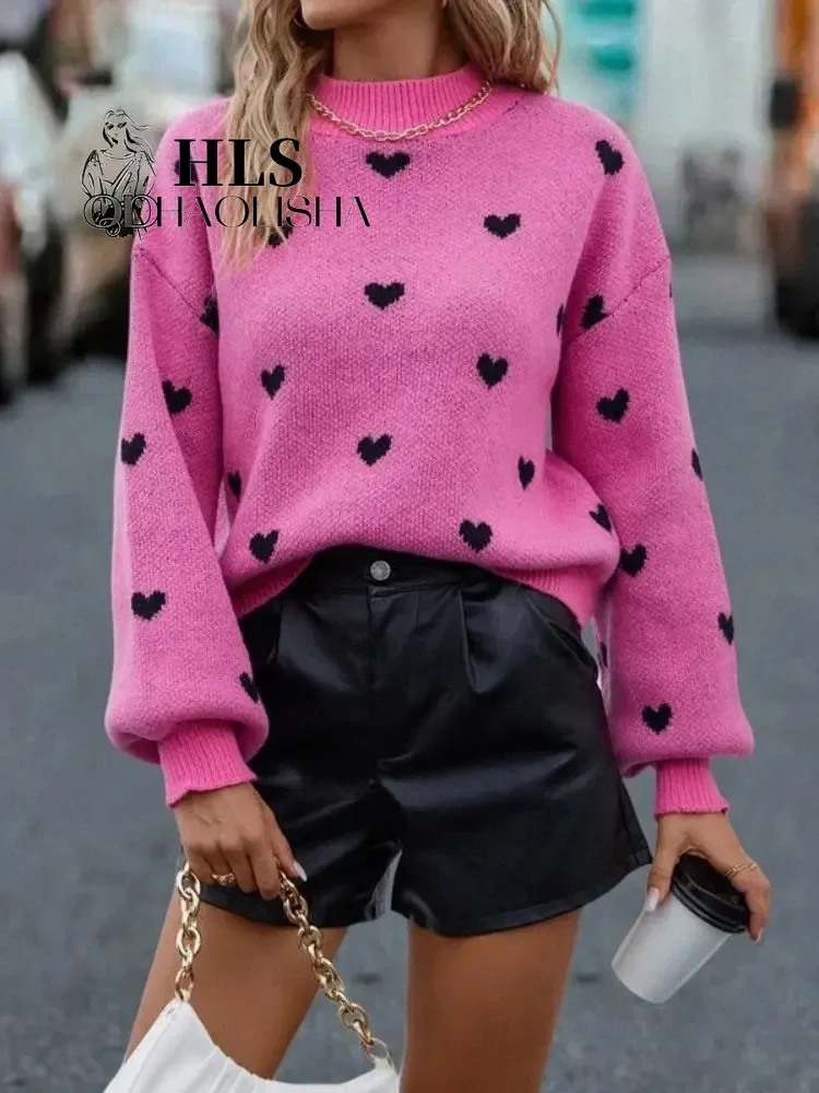 Women's Sweater Trend Fashion Casual Versatile Top Women Clothes Love Pattern Loose Fit New in Knitwear Pullover Streetwear