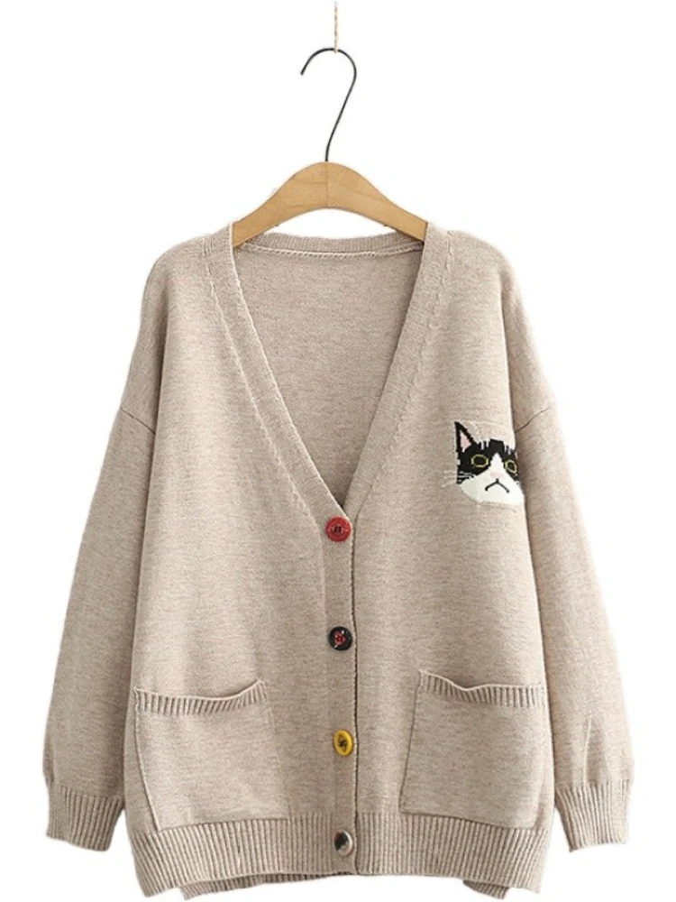 Women Cardigans Cartoon Cat Embroidery Casual Knitted Sweater 2023 Winter Long Sleeve V-neck Multicolor Button Preppy Style Top