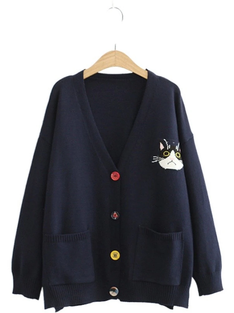 Women Cardigans Cartoon Cat Embroidery Casual Knitted Sweater 2023 Winter Long Sleeve V-neck Multicolor Button Preppy Style Top