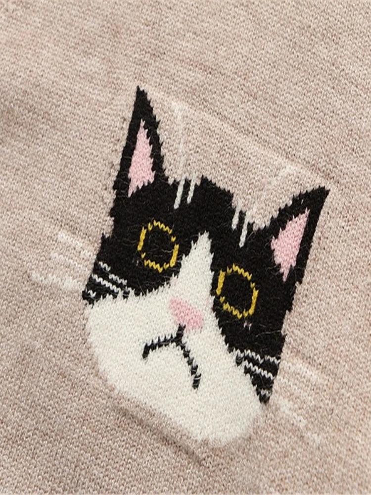 Women Cardigans Cartoon Cat Embroidery Casual Knitted Sweater 2023 Winter Long Sleeve V-neck Multicolor Button Preppy Style Top