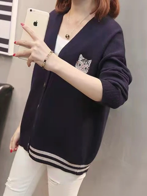 Women Cardigans Cartoon Cat Embroidery Casual Knitted Sweater 2023 Winter Long Sleeve V-neck Multicolor Button Preppy Style Top