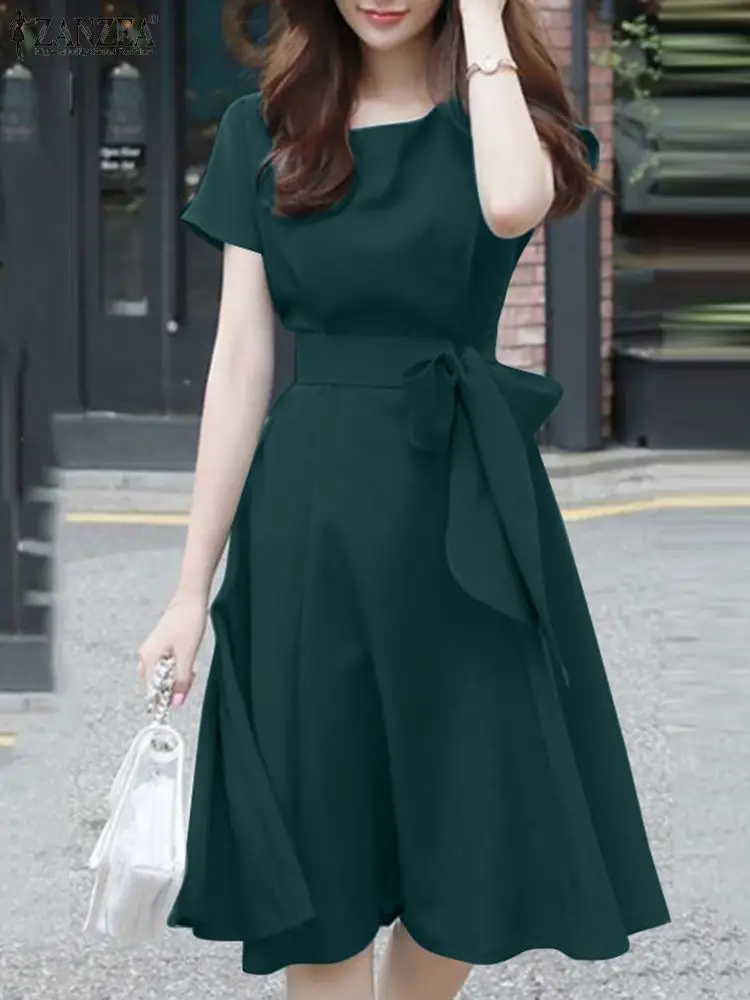 Women Solid Slim Mini Dress O-Neck Short Sleeve Knee Length Sundress Elegant Casual Loose Vintage Party Work A-Line Robe