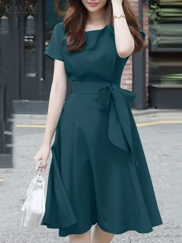 Women Solid Slim Mini Dress O-Neck Short Sleeve Knee Length Sundress Elegant Casual Loose Vintage Party Work A-Line Robe