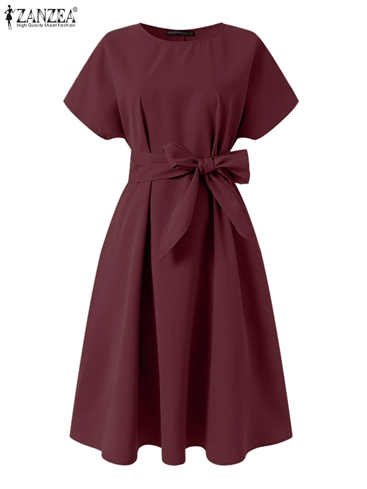 Women Solid Slim Mini Dress O-Neck Short Sleeve Knee Length Sundress Elegant Casual Loose Vintage Party Work A-Line Robe