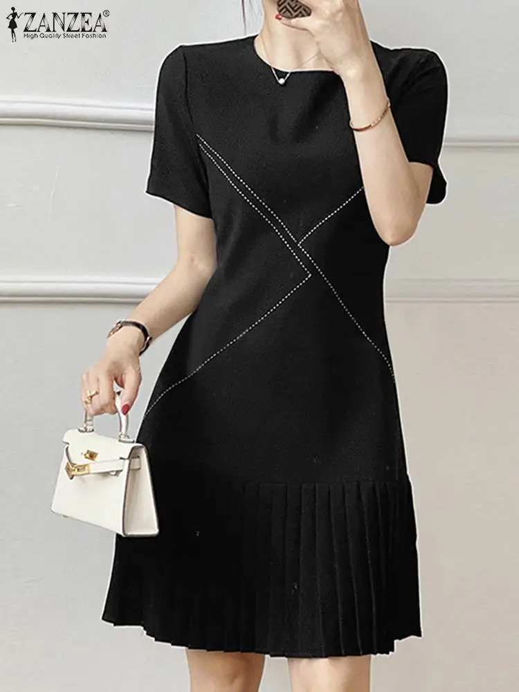 Fashion Patchwork Elegant Mini Pleated Dresses Casual Vintage Slimming Vestidos Summer Women Short Sleeve Dress Robe