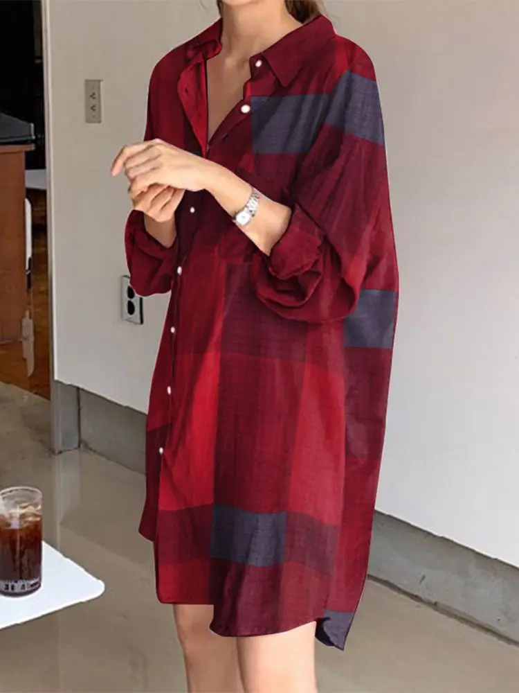 Vintage Check Shirt Dress Women Autumn Sundress Femme Casual Long Sleeve Short Vestidos Female Lapel Button Robe