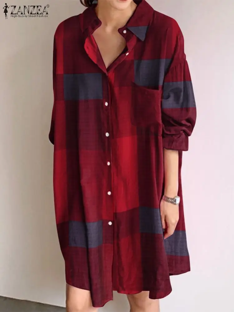 Vintage Check Shirt Dress Women Autumn Sundress Femme Casual Long Sleeve Short Vestidos Female Lapel Button Robe