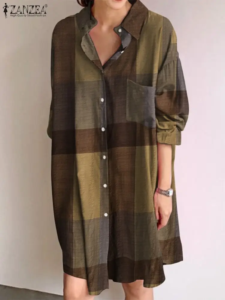 Vintage Check Shirt Dress Women Autumn Sundress Femme Casual Long Sleeve Short Vestidos Female Lapel Button Robe