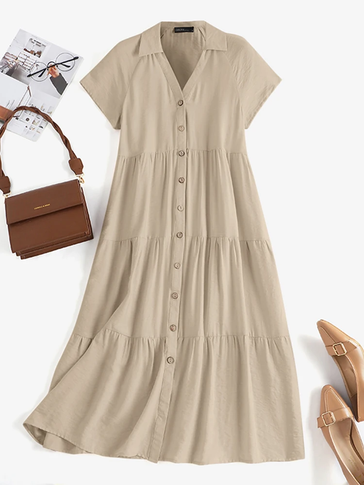 Summer A-line Ruffled Hem Dress Women Lapel Short Sleeve Shirtdress Solid Color Fashion Elegant Holiday Vestido Sundress