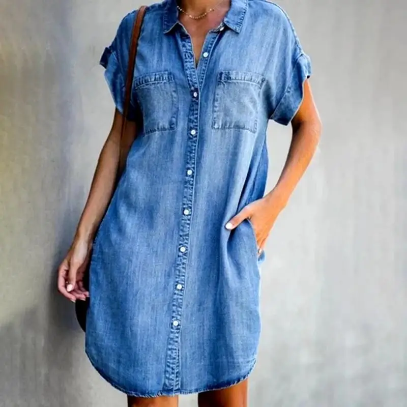 Summer Women Denim Dress Short Sleeves Loose A-Word Dresses s V-neck Solid Denim Dresses Shirt Dress 17139