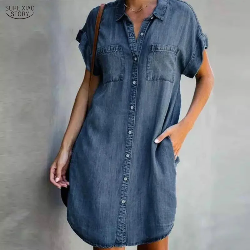 Summer Women Denim Dress Short Sleeves Loose A-Word Dresses s V-neck Solid Denim Dresses Shirt Dress 17139