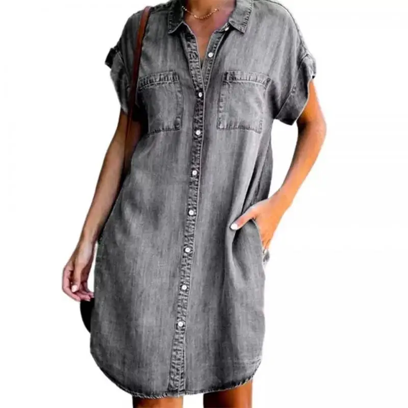 Summer Women Denim Dress Short Sleeves Loose A-Word Dresses s V-neck Solid Denim Dresses Shirt Dress 17139