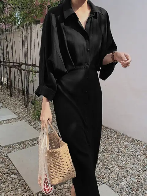 Fashion OL Dress Summer Women Lapel Neck Long Sleeve Shirtdress Femme Elegant Party Vestidos Casual Office Work Sundress