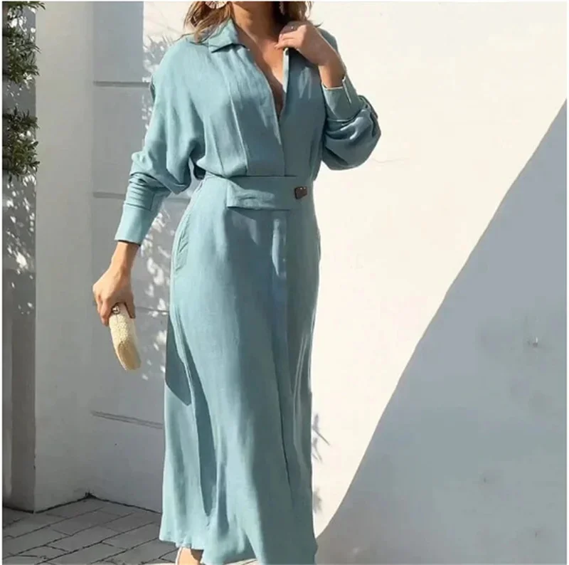 Fashion Slit Solid Women's Shirt Dress Casual V Neck Lapel Full Sleeve With Pockets Long Skirt Spring Lady Streetwear Dresses