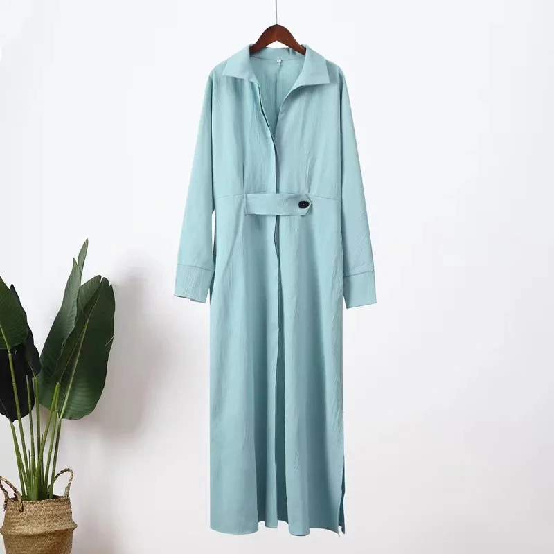 Fashion Slit Solid Women's Shirt Dress Casual V Neck Lapel Full Sleeve With Pockets Long Skirt Spring Lady Streetwear Dresses