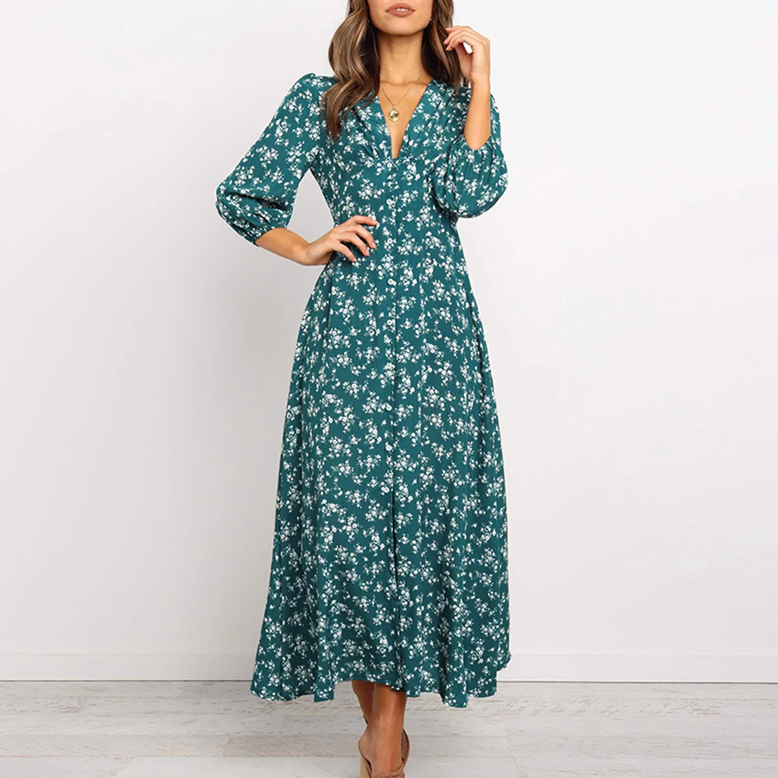 Women Floral V Neck Maxi Dress Spring Fall Ladies Long Puff Sleeve Flared Dress Fashion Female Buttons Swing Dress A-Line