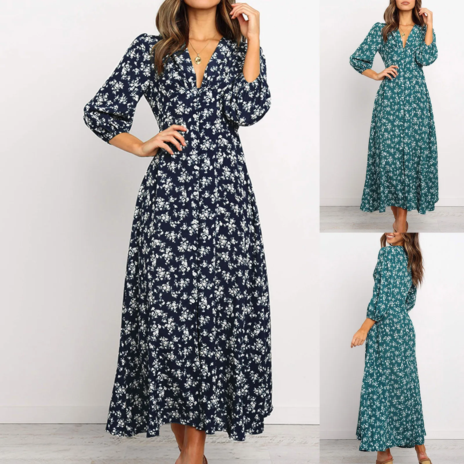 Women Floral V Neck Maxi Dress Spring Fall Ladies Long Puff Sleeve Flared Dress Fashion Female Buttons Swing Dress A-Line