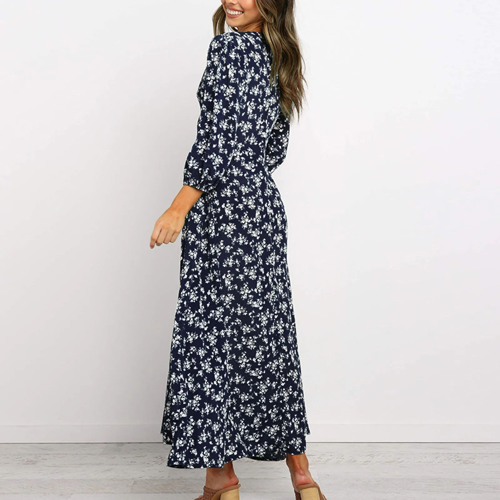 Women Floral V Neck Maxi Dress Spring Fall Ladies Long Puff Sleeve Flared Dress Fashion Female Buttons Swing Dress A-Line