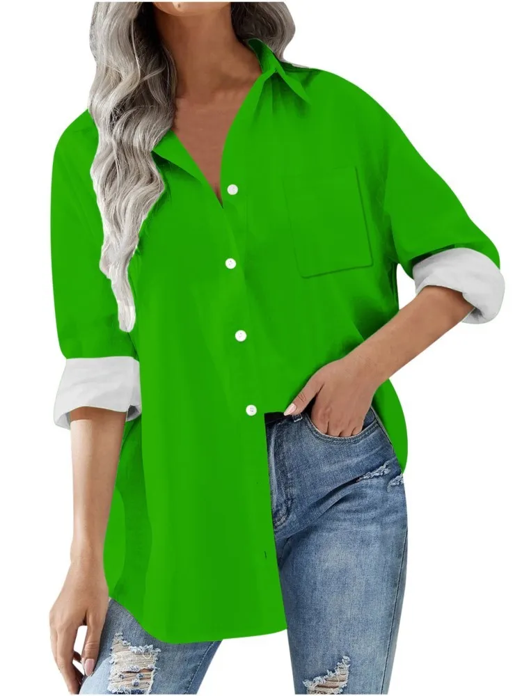 Casual Loose Solid Color Long Shirt For Women Full Sleeve Button Turn-down Collar Pocket Blouse Elegant Top Spring Shirts Female