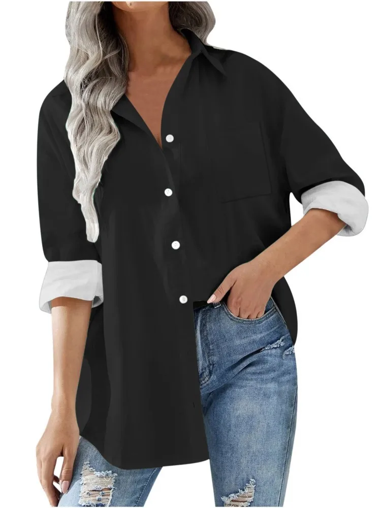 Casual Loose Solid Color Long Shirt For Women Full Sleeve Button Turn-down Collar Pocket Blouse Elegant Top Spring Shirts Female