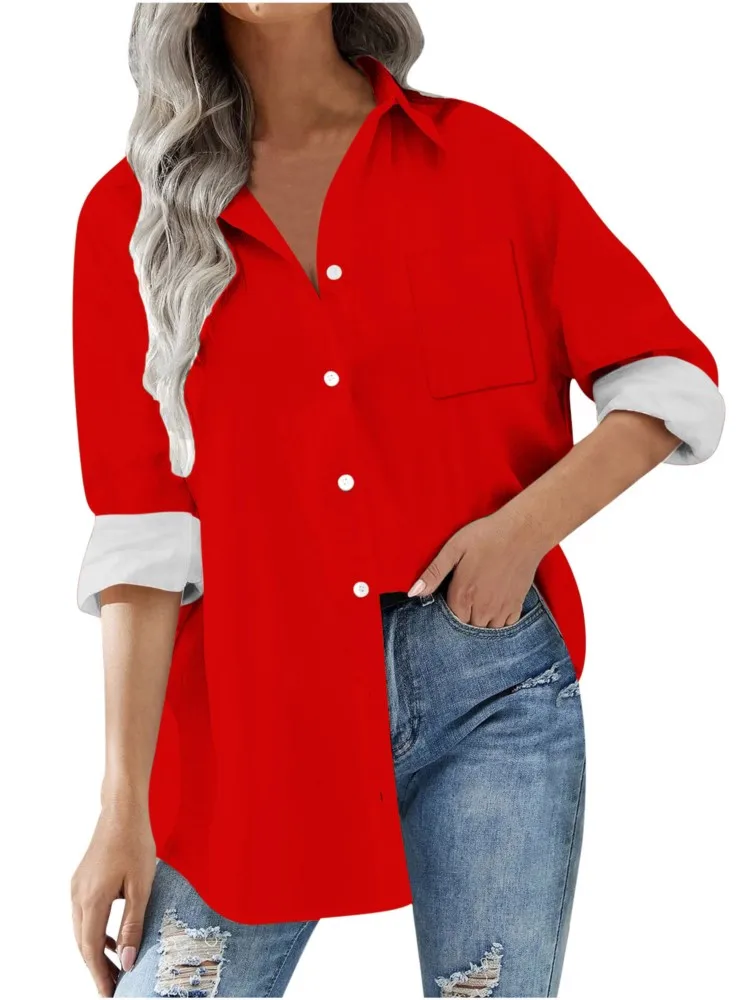 Casual Loose Solid Color Long Shirt For Women Full Sleeve Button Turn-down Collar Pocket Blouse Elegant Top Spring Shirts Female