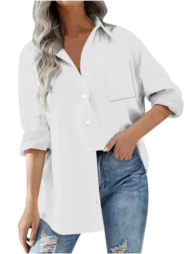 Casual Loose Solid Color Long Shirt For Women Full Sleeve Button Turn-down Collar Pocket Blouse Elegant Top Spring Shirts Female